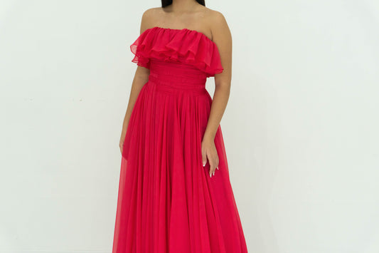 Abito lungo GEMY MAALOUF fucsia in chiffon con volant