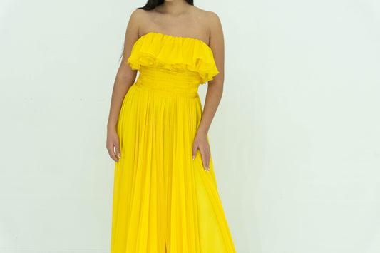 Abito lungo GEMY MAALOUF giallo in chiffon con volant