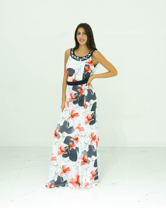 Abito Thana Lungo Floreale in Seta – Scollo Gioiello con Swarovski