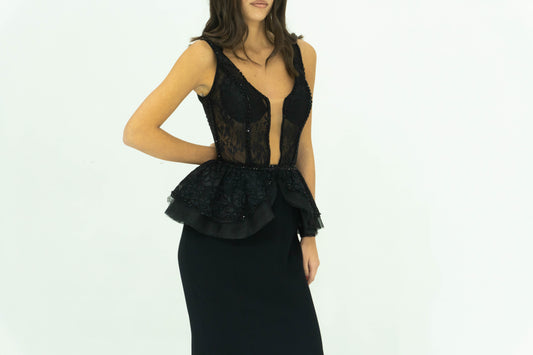 Abito Sabaroma Sirena Nero – Scollo Profondo con Corpetto Semitrasparente