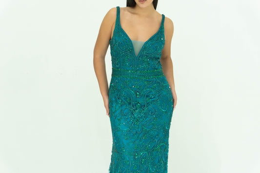 Abito Sherri Hill Lungo Verde Smeraldo – Scollo a V con Ricami e Perline