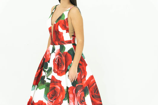 Abito Sherri Hill Lungo Floreale – Cerimonia con Rose Rosse
