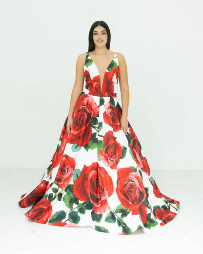 Abito Sherri Hill Lungo Floreale – Cerimonia con Rose Rosse