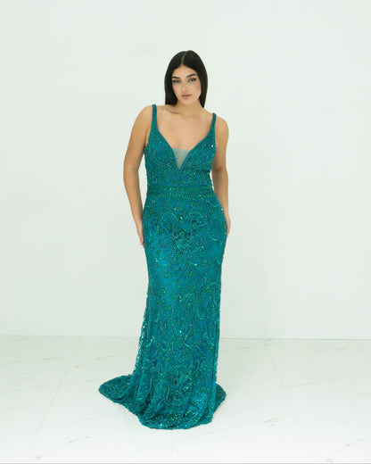Abito Sherri Hill Lungo Verde Smeraldo – Scollo a V con Ricami e Perline