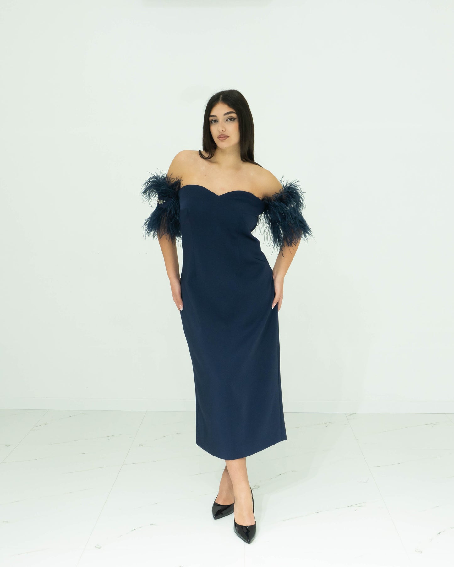 Sonia Pena Blu Abito Longuette In Crepe Cady