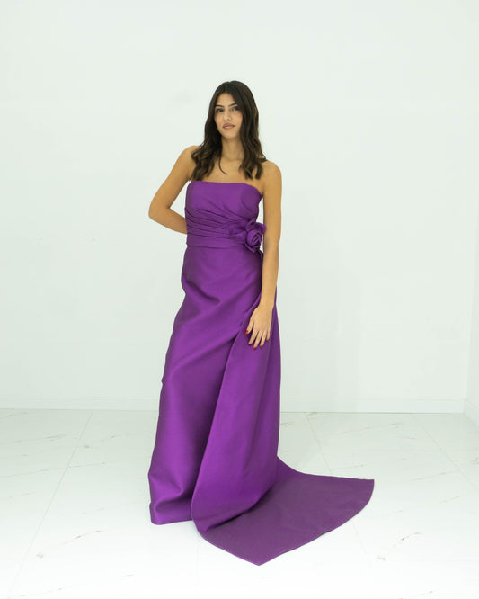 Abito Rosa Clará Tubino in Mikado Viola/Fucsia – Elegante con Spilla Floreale