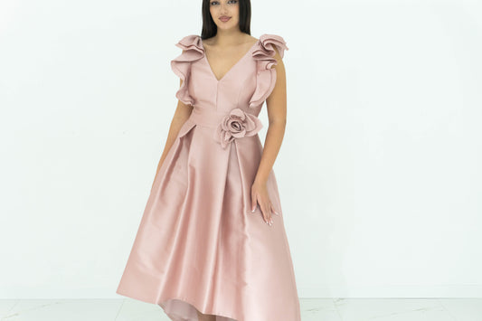 Abito Rosa Clará Elegante Rosa Cipria – Lunghezza Midi con Maniche a Volants