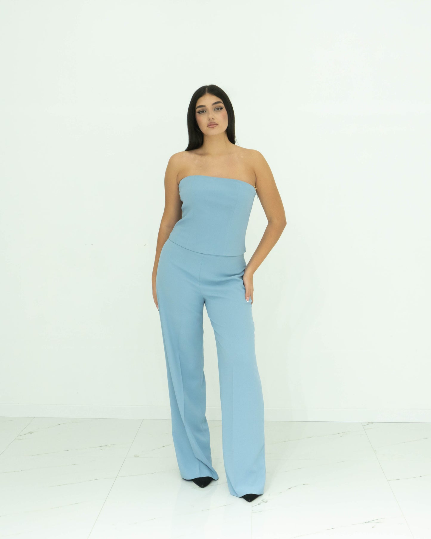 Completo FABRIZIA DEA top e pantalone in cady color polvere