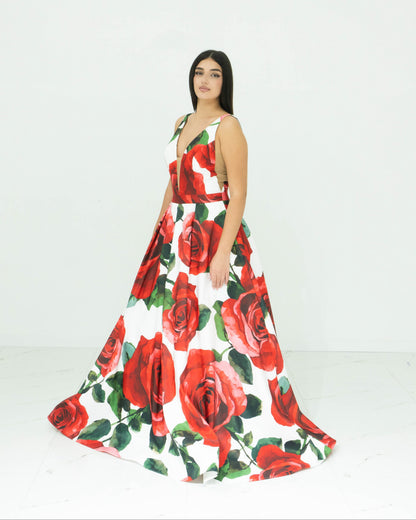 Abito Sherri Hill Lungo Floreale – Cerimonia con Rose Rosse