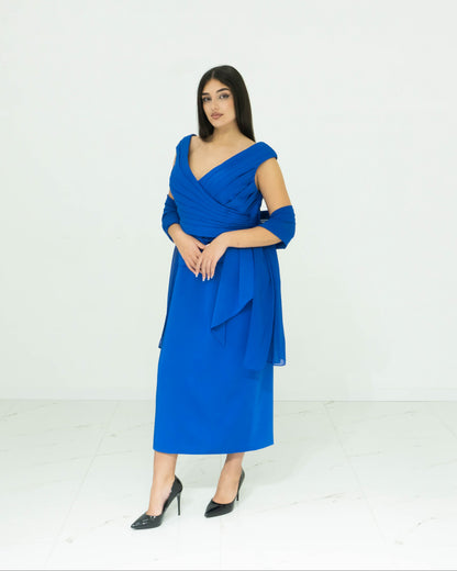 Abito Sonia Peña Tubino Corto Blu – Corpetto Drappeggiato con Fascia Laterale