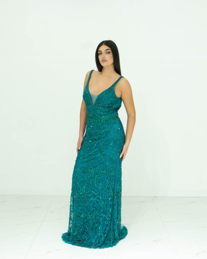 Abito Sherri Hill Lungo Verde Smeraldo – Scollo a V con Ricami e Perline