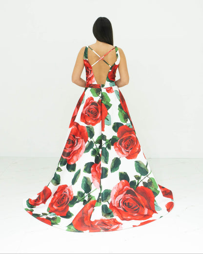 Abito Sherri Hill Lungo Floreale – Cerimonia con Rose Rosse