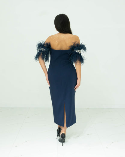 Sonia Pena Blu Abito Longuette In Crepe Cady